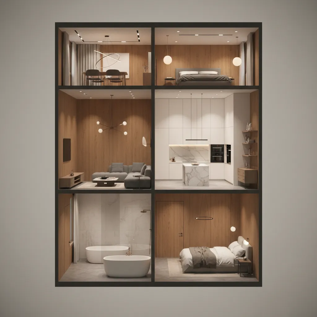 Modelo 3D de apartamento con varias habitaciones diseñado en software de interiorismo