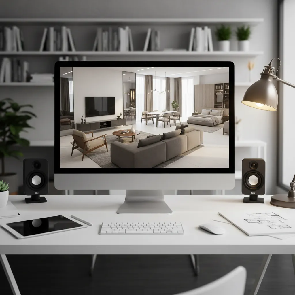 Modelo 3D de interior mostrando muebles y distribución del espacio