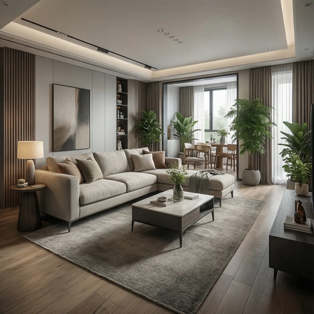 modelo 3D de un salón con muebles y distribución espacial
