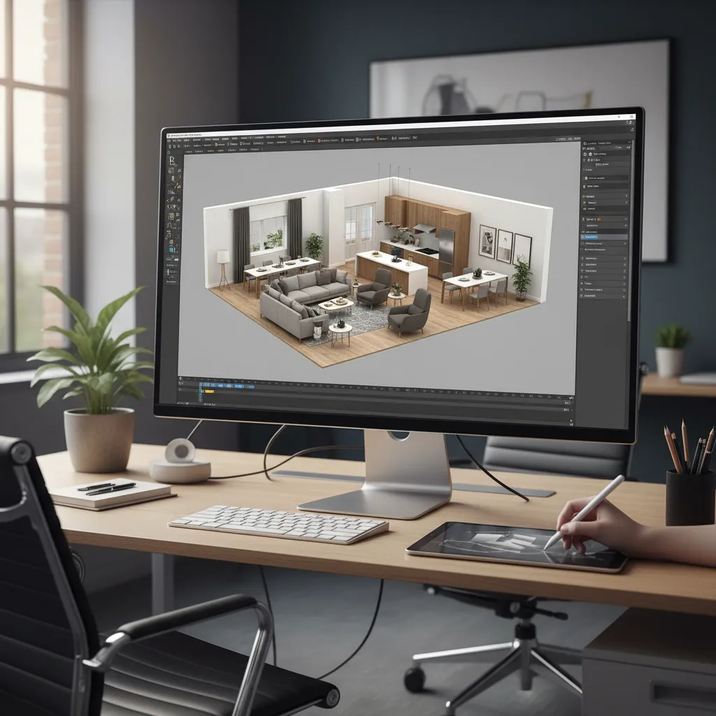 Pantalla mostrando modelo 3D de apartamento en proceso de diseño