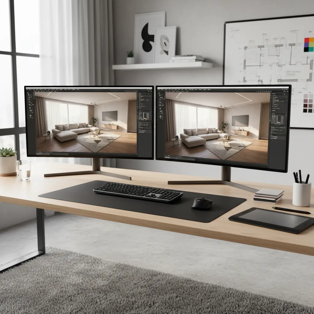 Interior designer working with 3D modeling and rendering software on a workstation