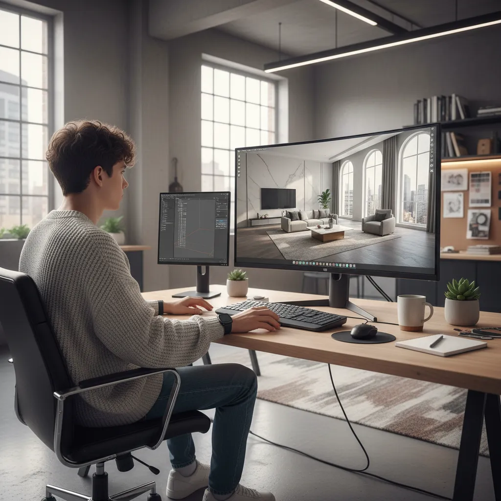 Estudiante trabajando en un modelo 3D de interior en ordenador