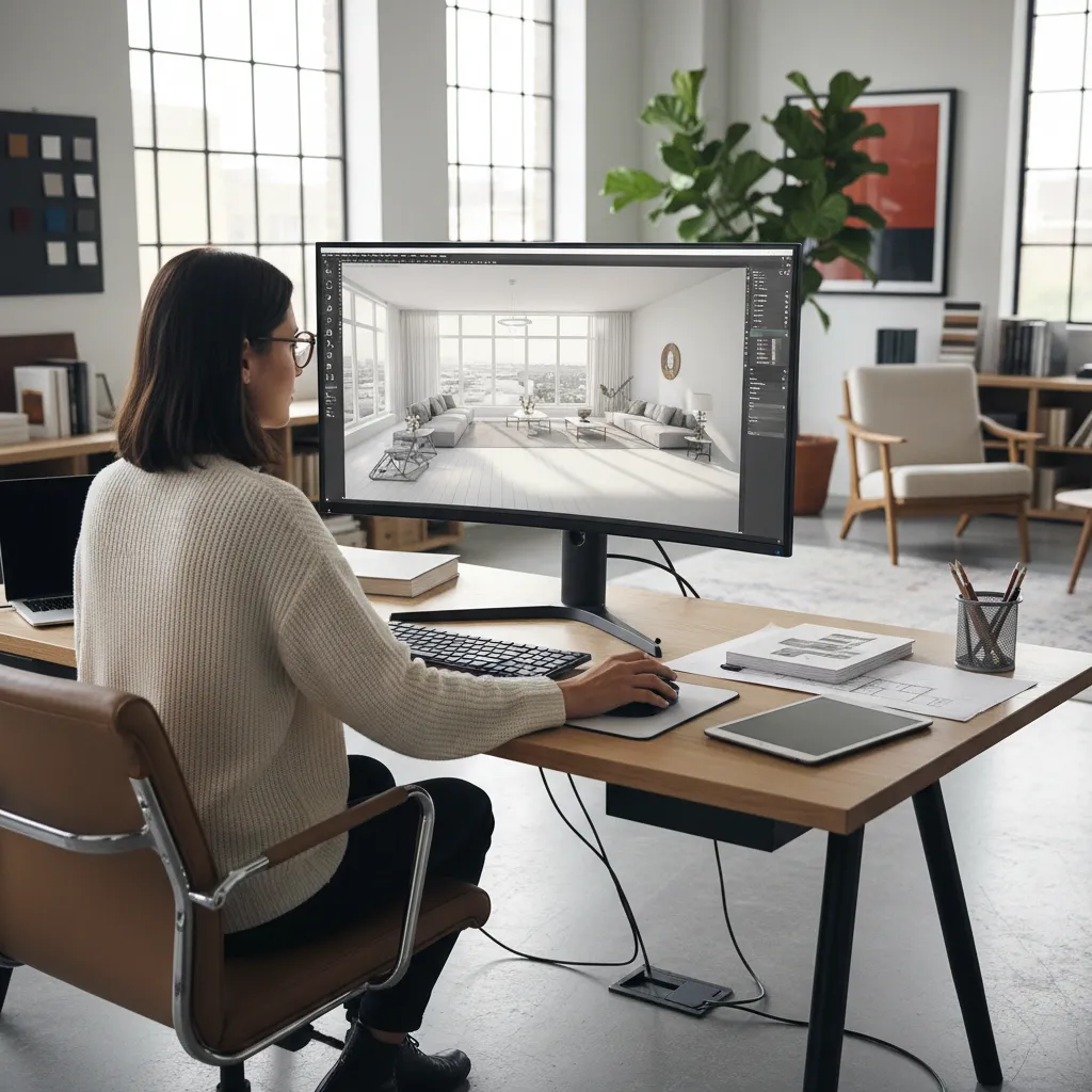 Diseñador creando un modelo 3D de un interior en ordenador