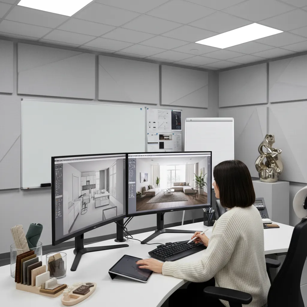 Diseñador creando modelo 3D de un apartamento en computadora