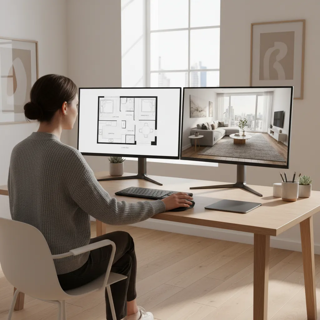 Diseñador creando un modelo 3D de un apartamento en su ordenador