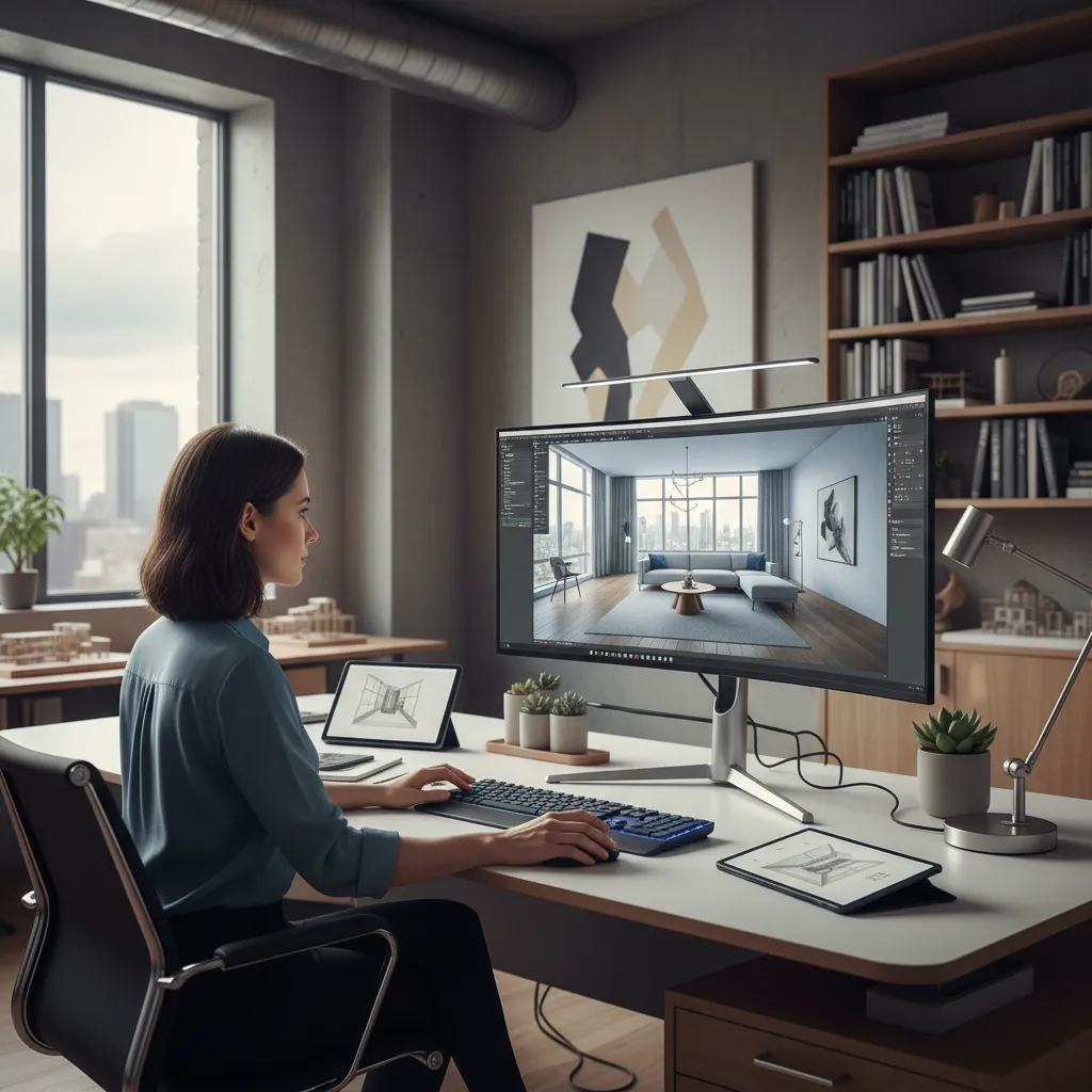 Diseñador trabajando en un modelo 3D de interiorismo en ordenador