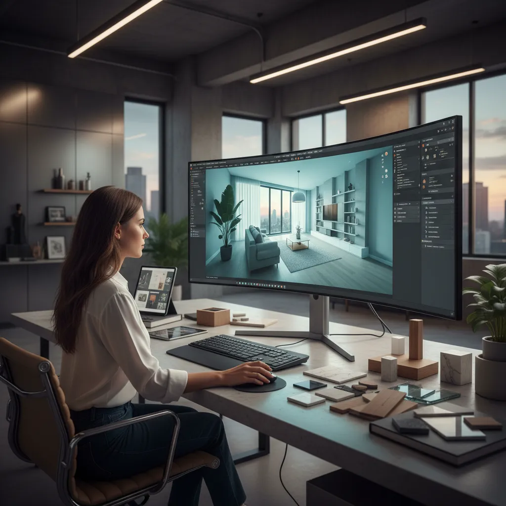 Diseñadora trabajando en modelo 3D de un apartamento