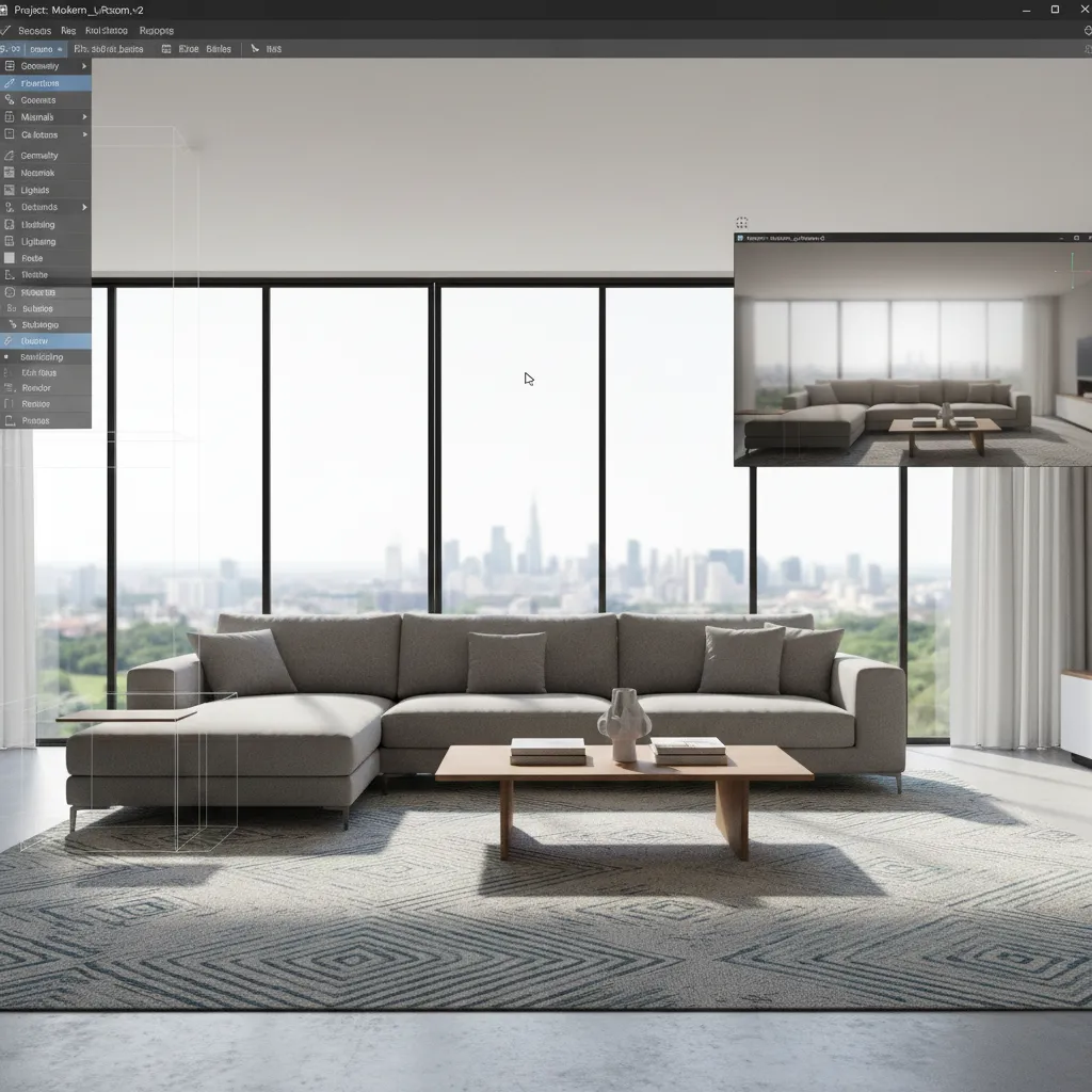 Modelado 3D de una sala de estar dentro de un programa de diseño interior