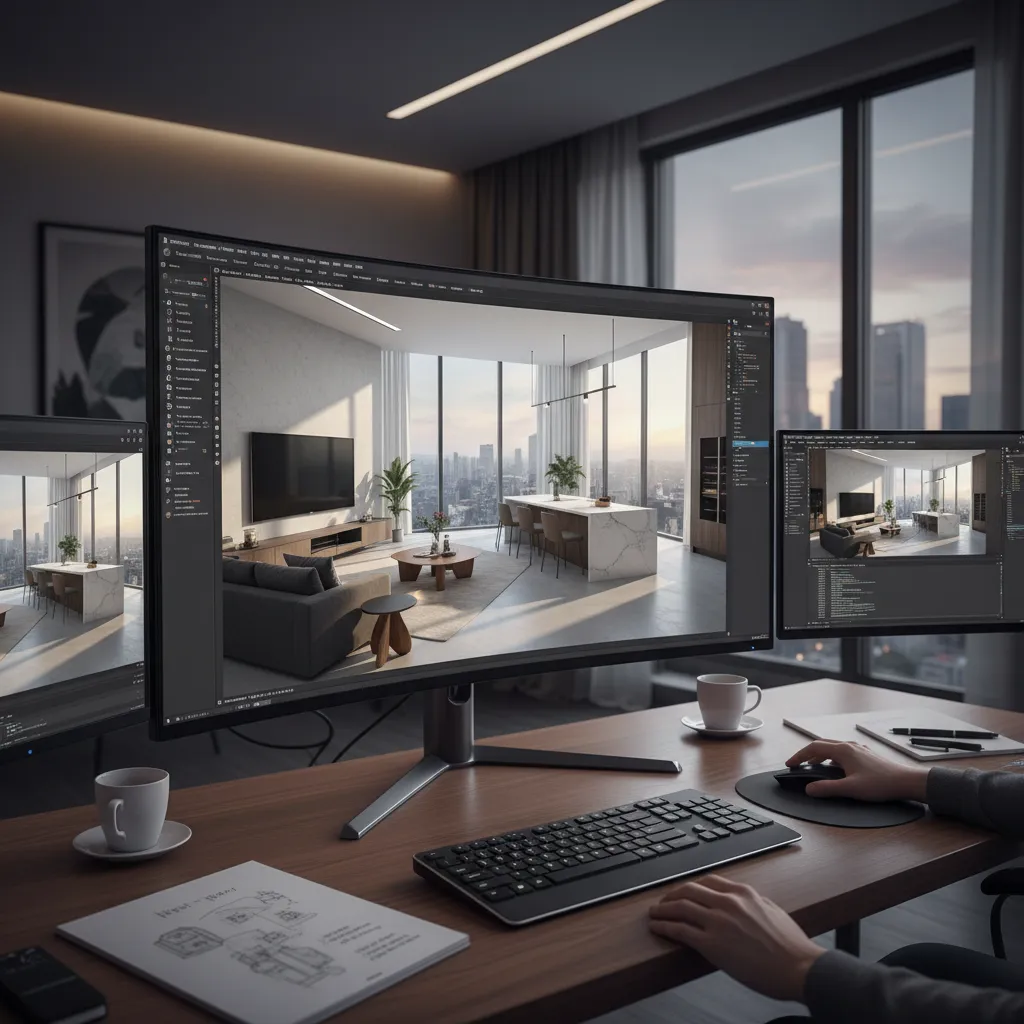 Designer using software to create a 3D interior design drawing of a modern living room