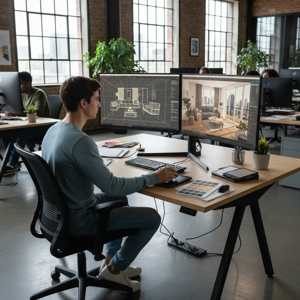 Designer using two computer monitors for interior design drawing and realistic 3D living room layout