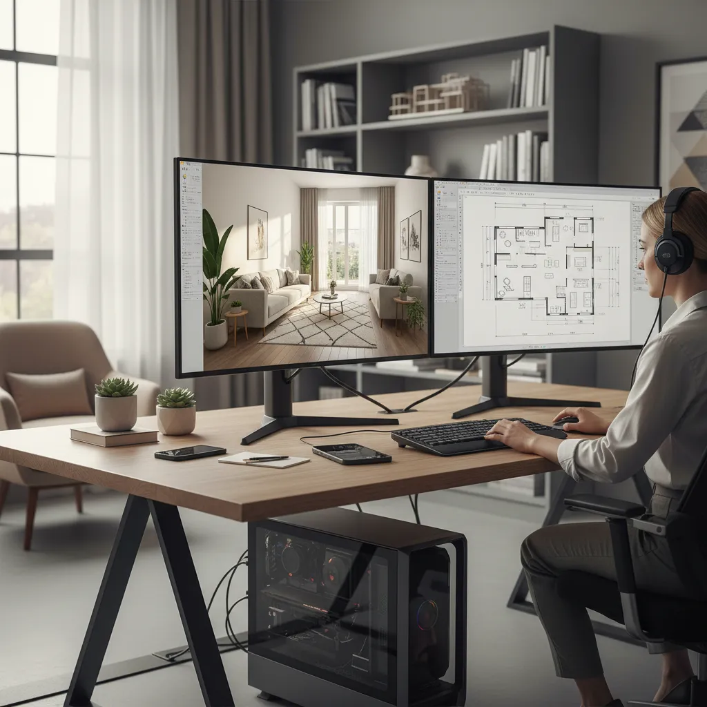 Diseñador trabajando en modelado 3D de un interior en ordenador