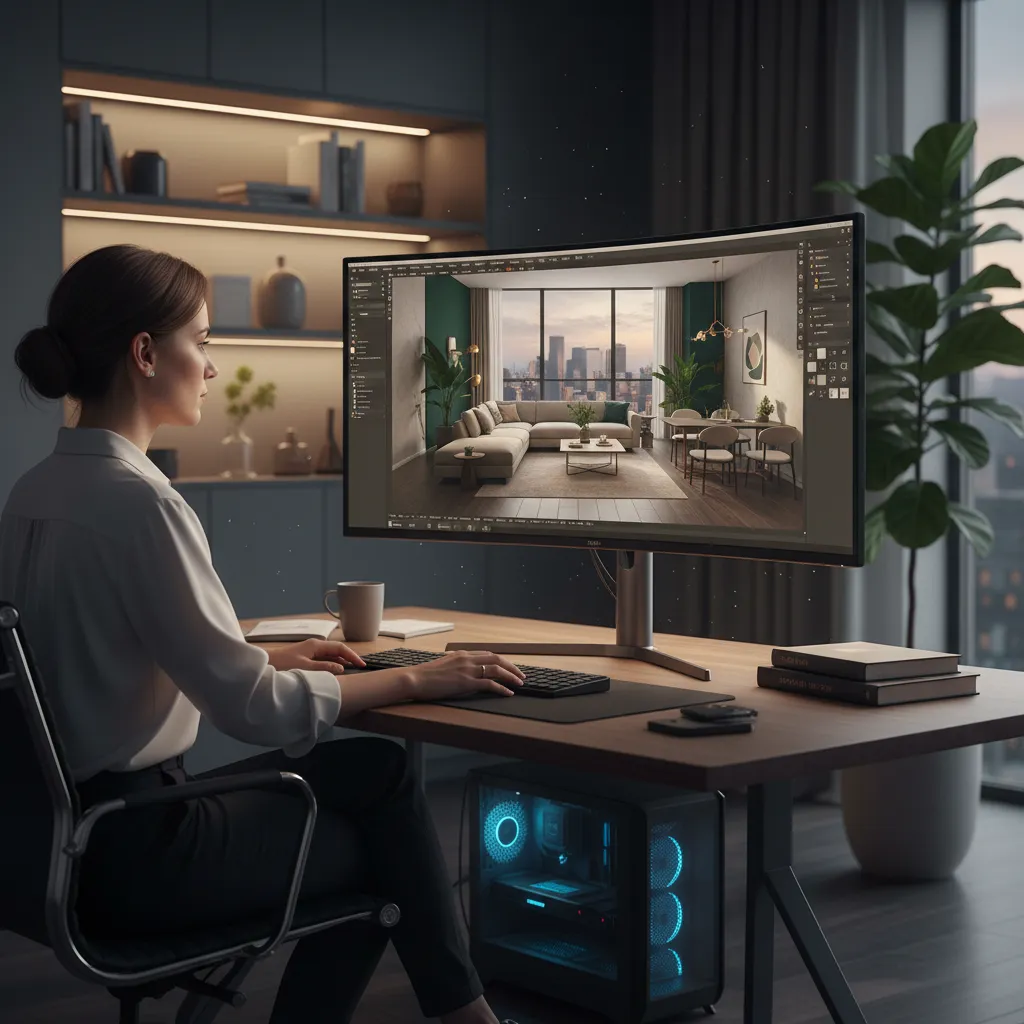Diseñador trabajando en modelo 3D de un apartamento