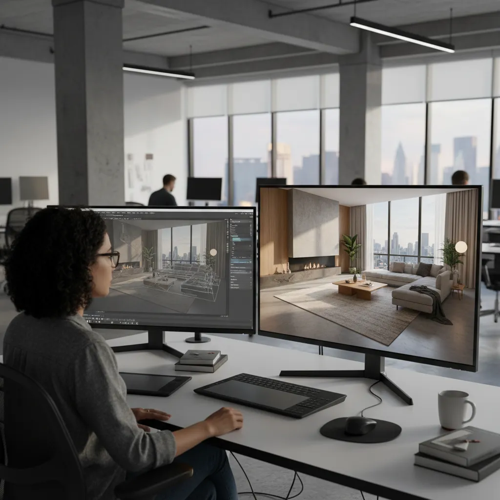 Designer working on two monitors showing 3D wireframe model and final interior design drawing result