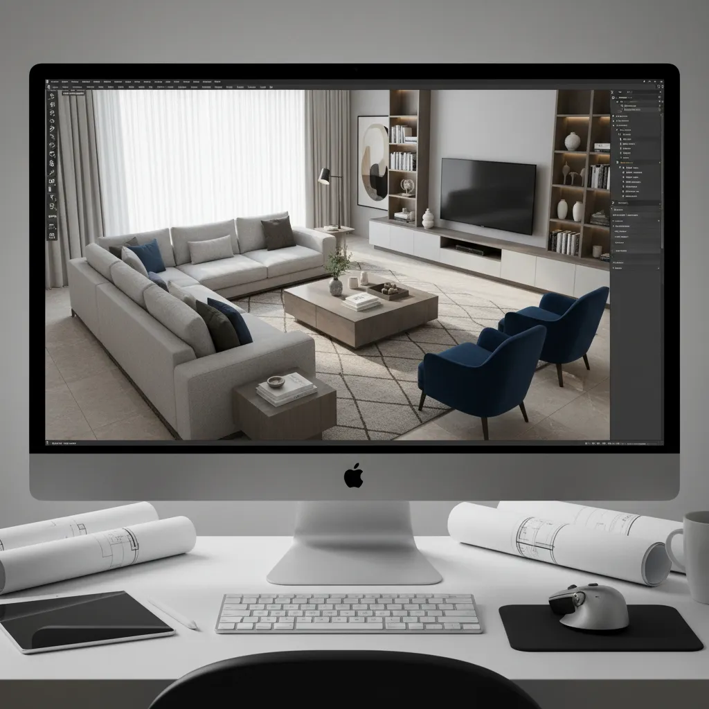 3D interior design modeling software displaying a living room layout