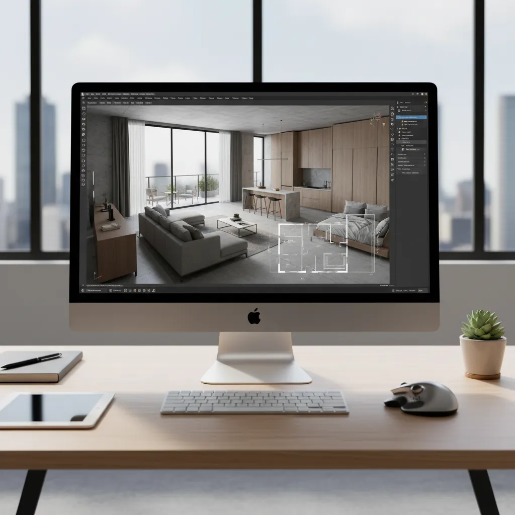 3D interior modeling workspace showing a digital apartment layout created in design software
