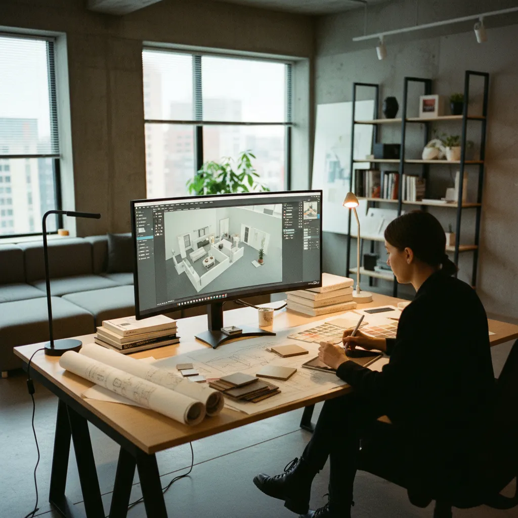 Estudiante creando un modelo 3D de un apartamento en ordenador