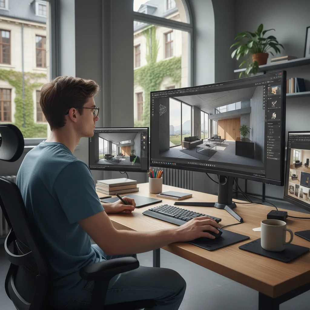 Estudiante creando un modelo 3D de un espacio interior en ordenador
