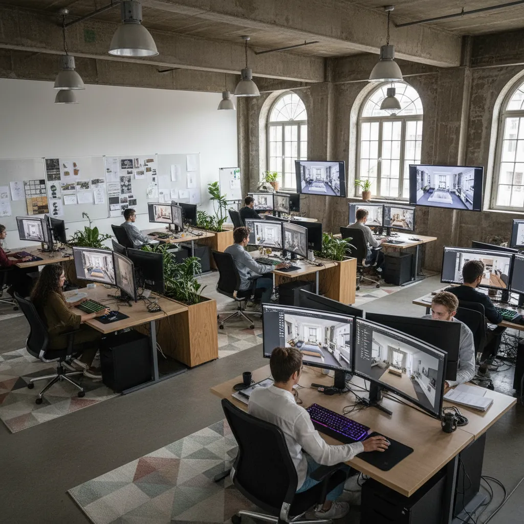 Estudiantes trabajando en modelos 3D de interiores en ordenador