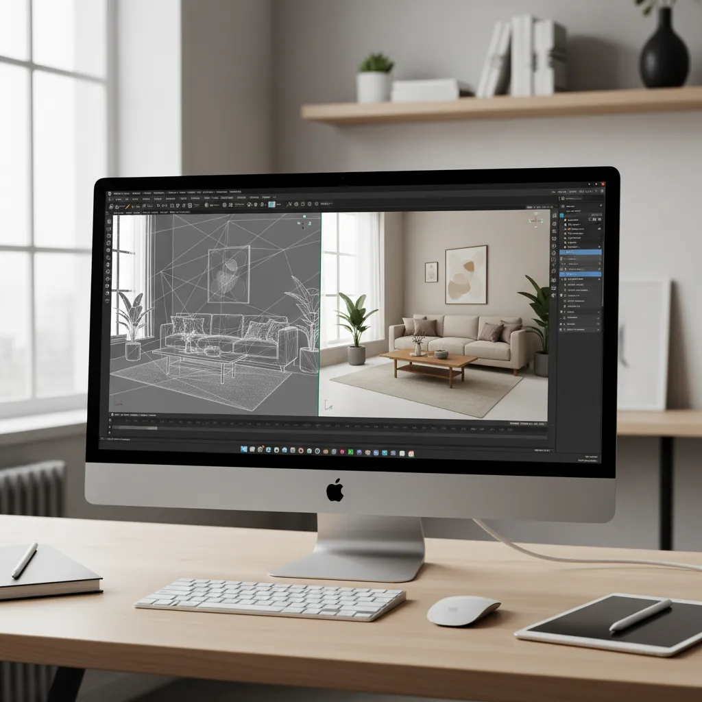 3D modeling workflow for interior design showing furniture and room layout in software