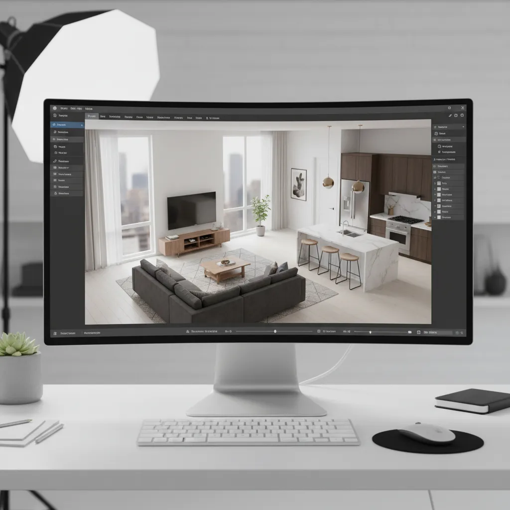 Curved monitor showing 3D interior design of living room and kitchen on white office desk