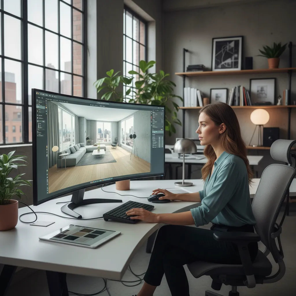 Designer using interior design software on a curved monitor to create a modern living room layout