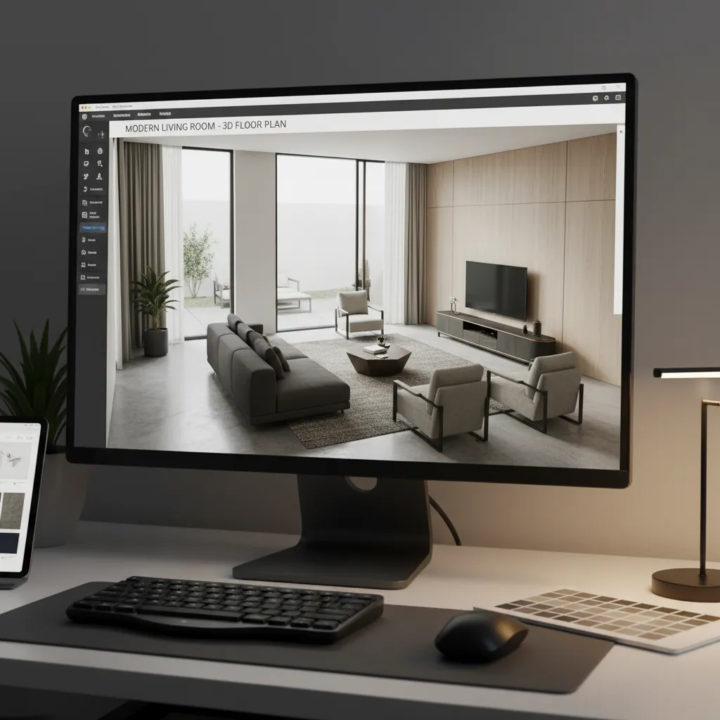 Visualización 3D de distribución de un salón moderno