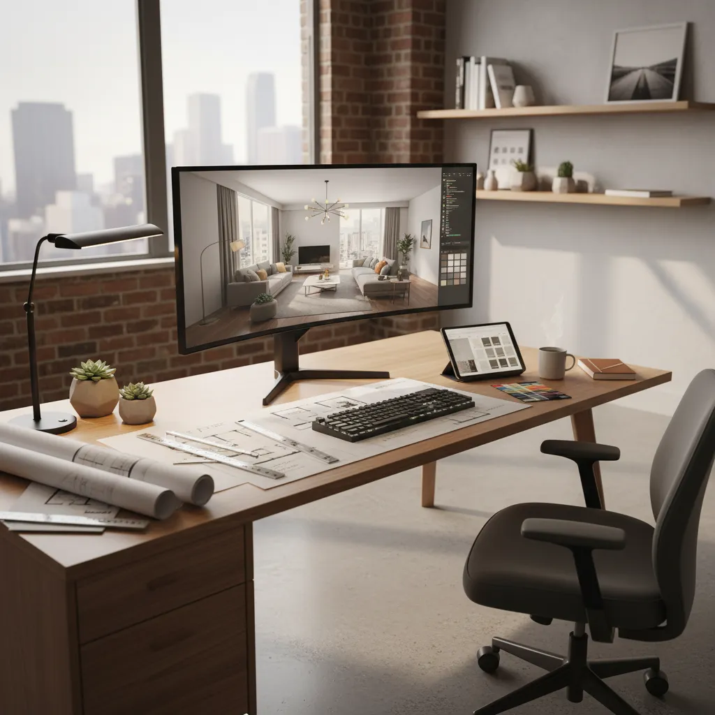 Diseñador trabajando en planificación de interiores con visualización 3D