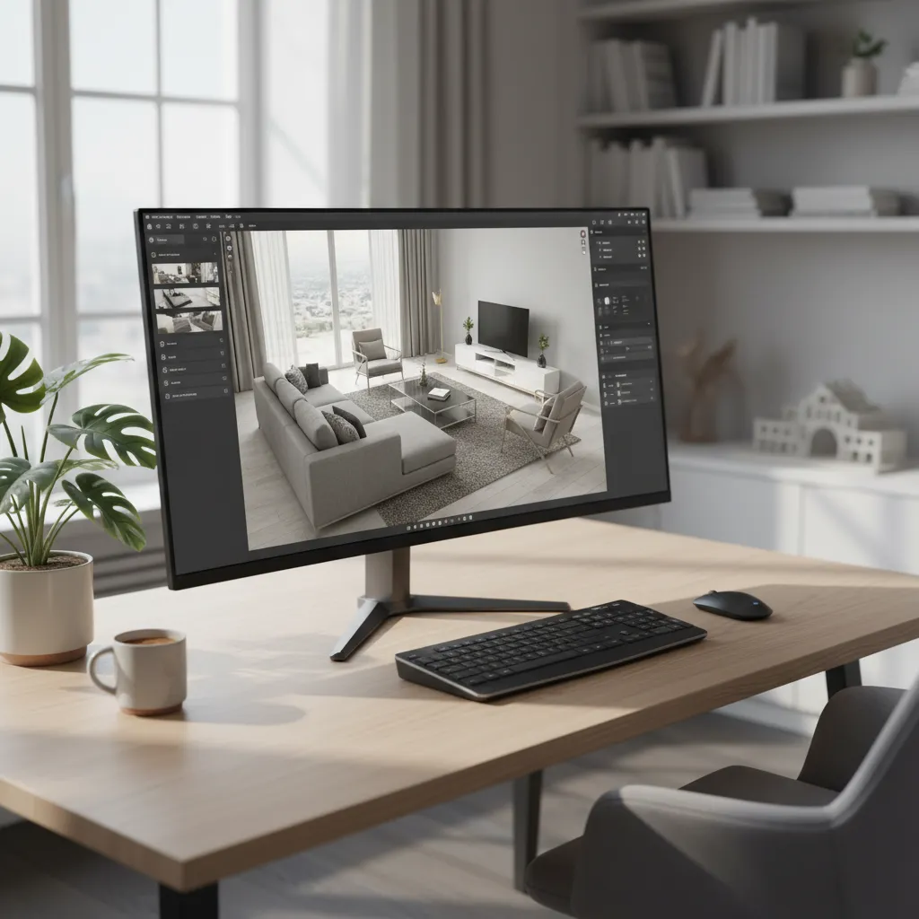 Pantalla con plano digital de salón y muebles distribuidos