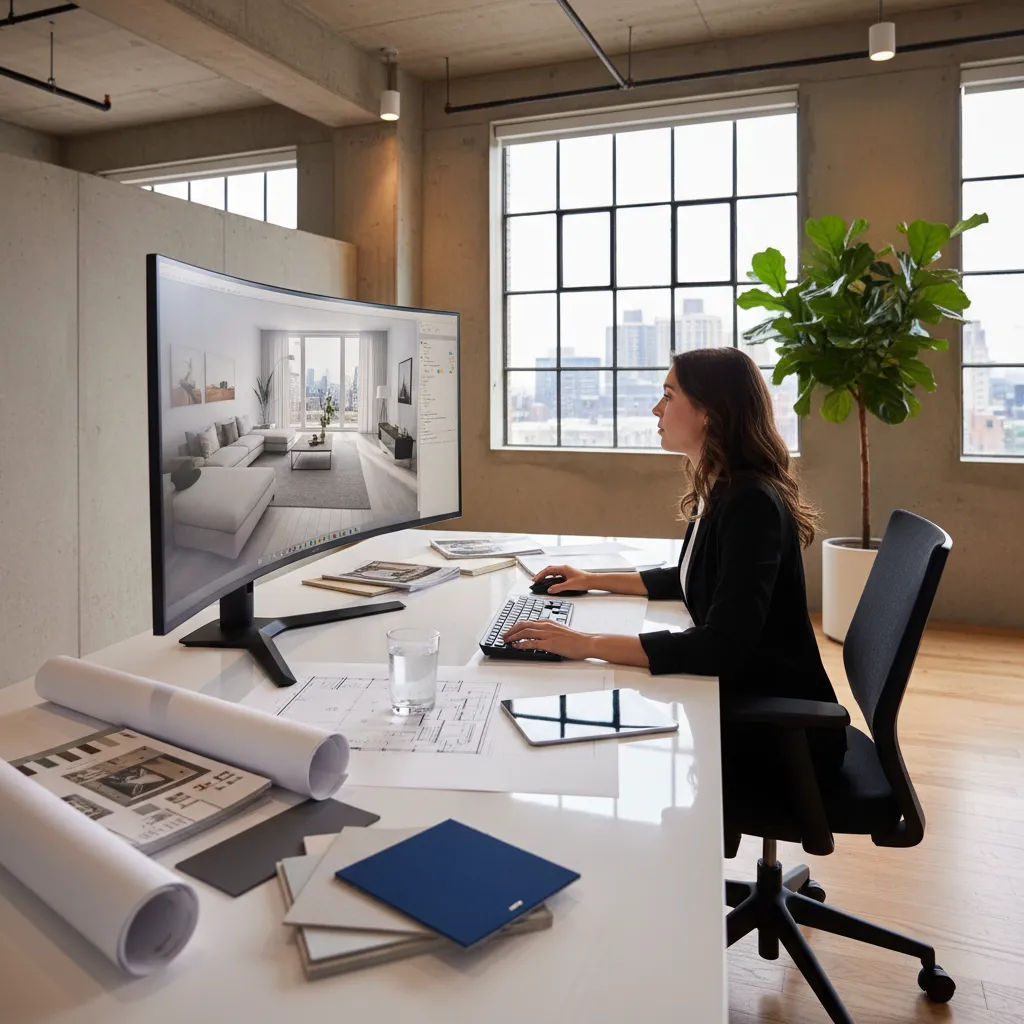 Diseñador trabajando en planificación 3D de un espacio interior