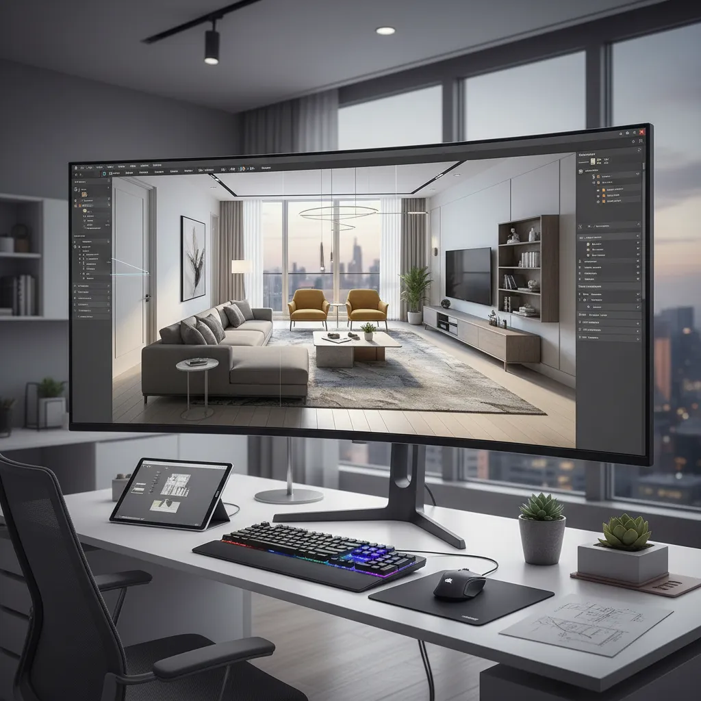Pantalla con visualización 3D de diseño interior de un salón moderno