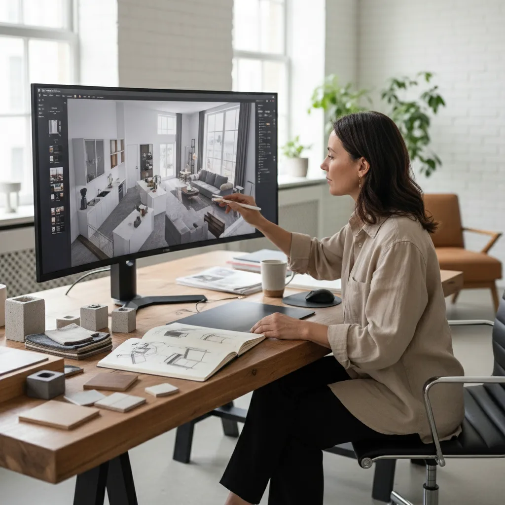 Diseñador revisando un plano 3D de una vivienda en pantalla