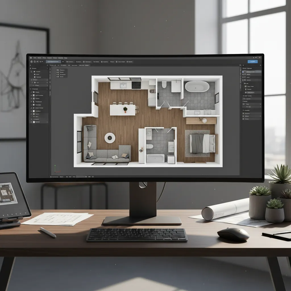 Pantalla con plano de vivienda en 3D utilizado para planificar interiores