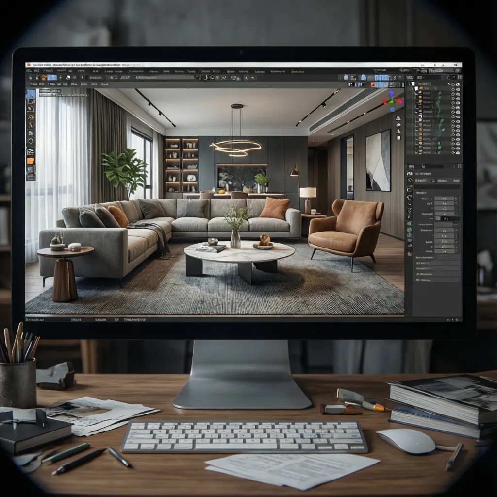 Computer monitor showing design software with a modern living room interior design drawing on desk