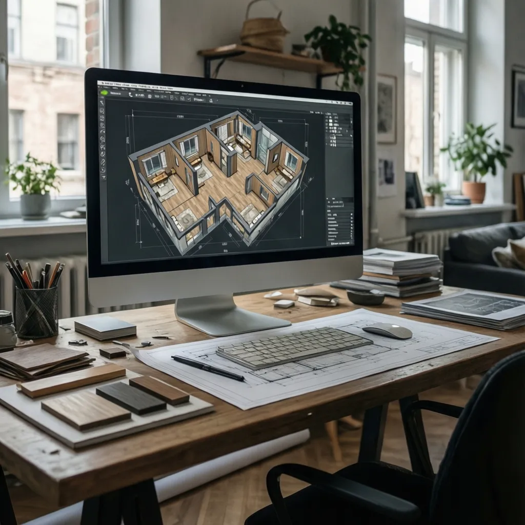 Desktop computer monitor showing 3D interior design drawing of apartment layout on wooden home desk