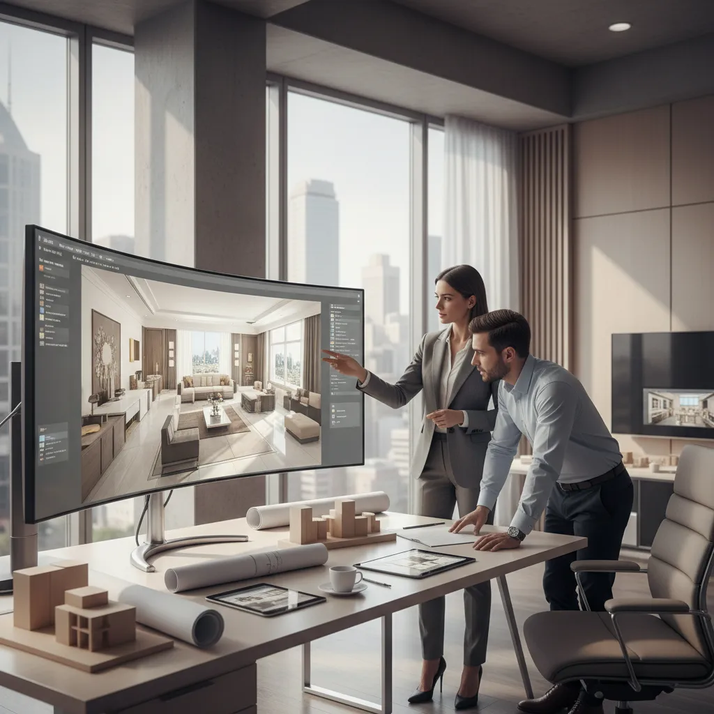 Diseñadora revisando plano de distribución y diseño 3D de una vivienda