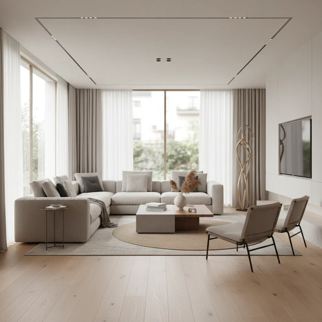 Minimalist living room with grey sofa wooden floor two chairs round rug and large windows