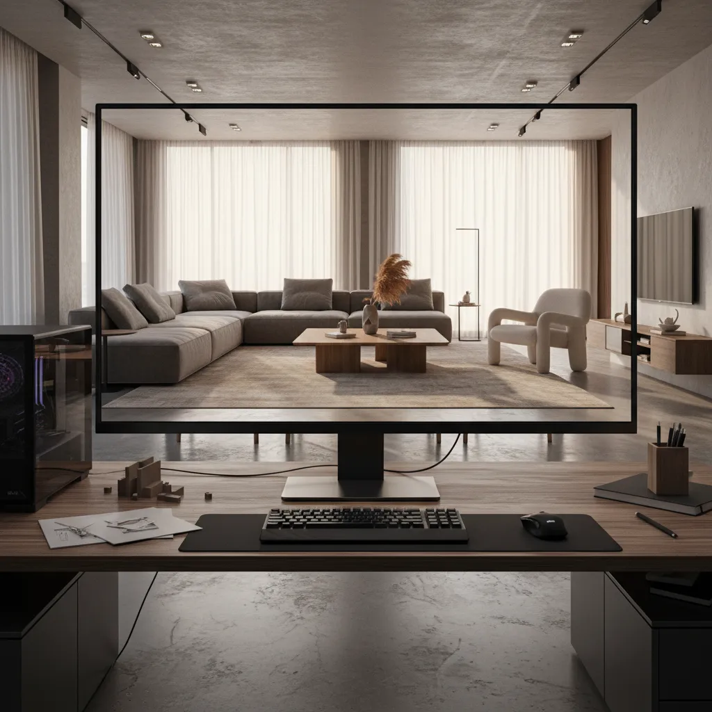 Visualización 3D de un salón antes de la compra de muebles