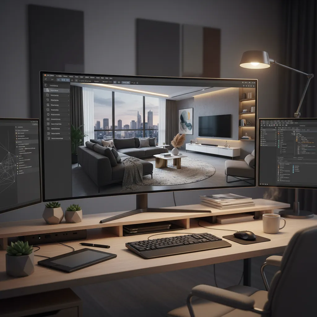 Pantalla mostrando un render 3D de una sala diseñado por un interiorista