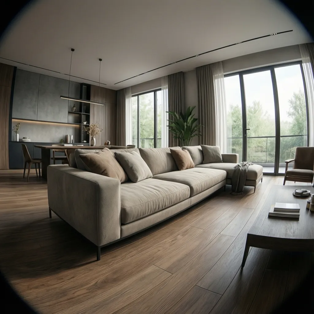 Render 3D realista de un salón moderno diseñado digitalmente