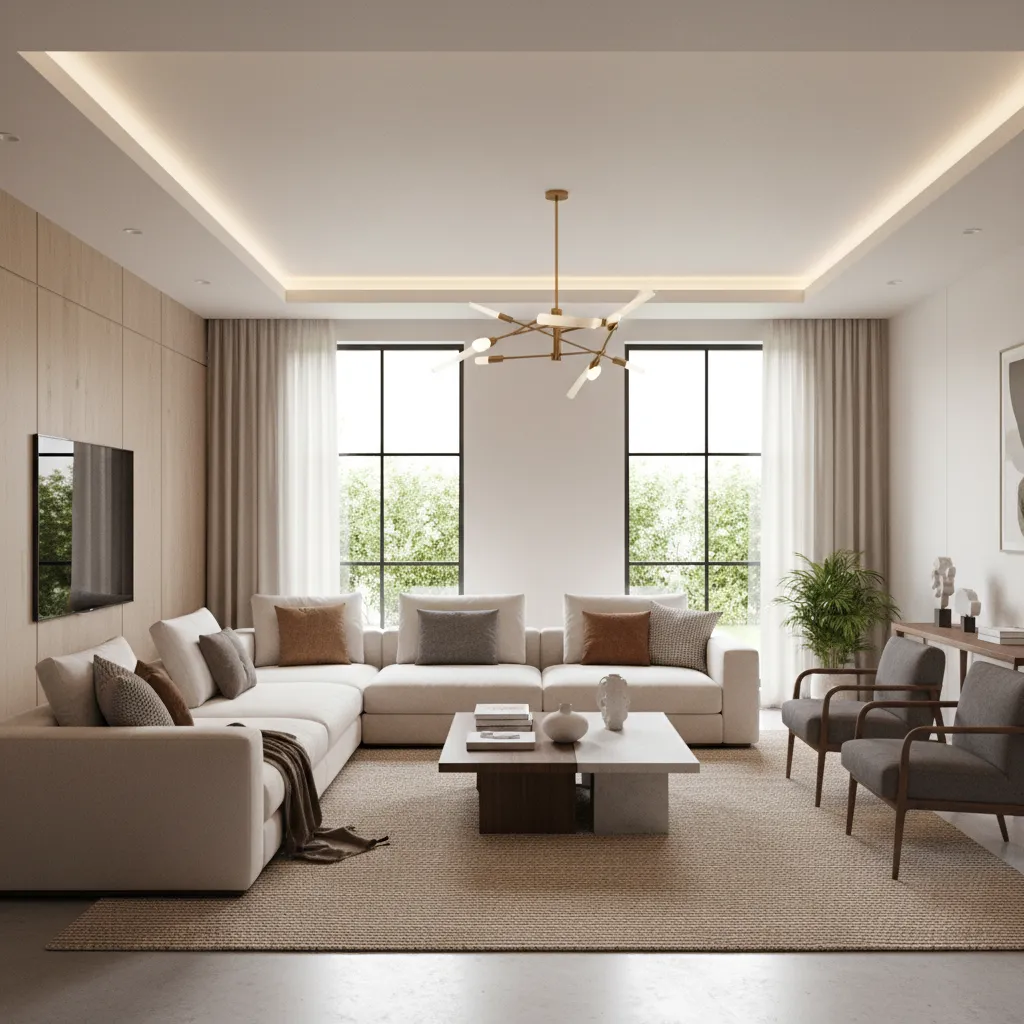 Modern living room with cream sofa wood wall panels gold ceiling light grey chairs rug