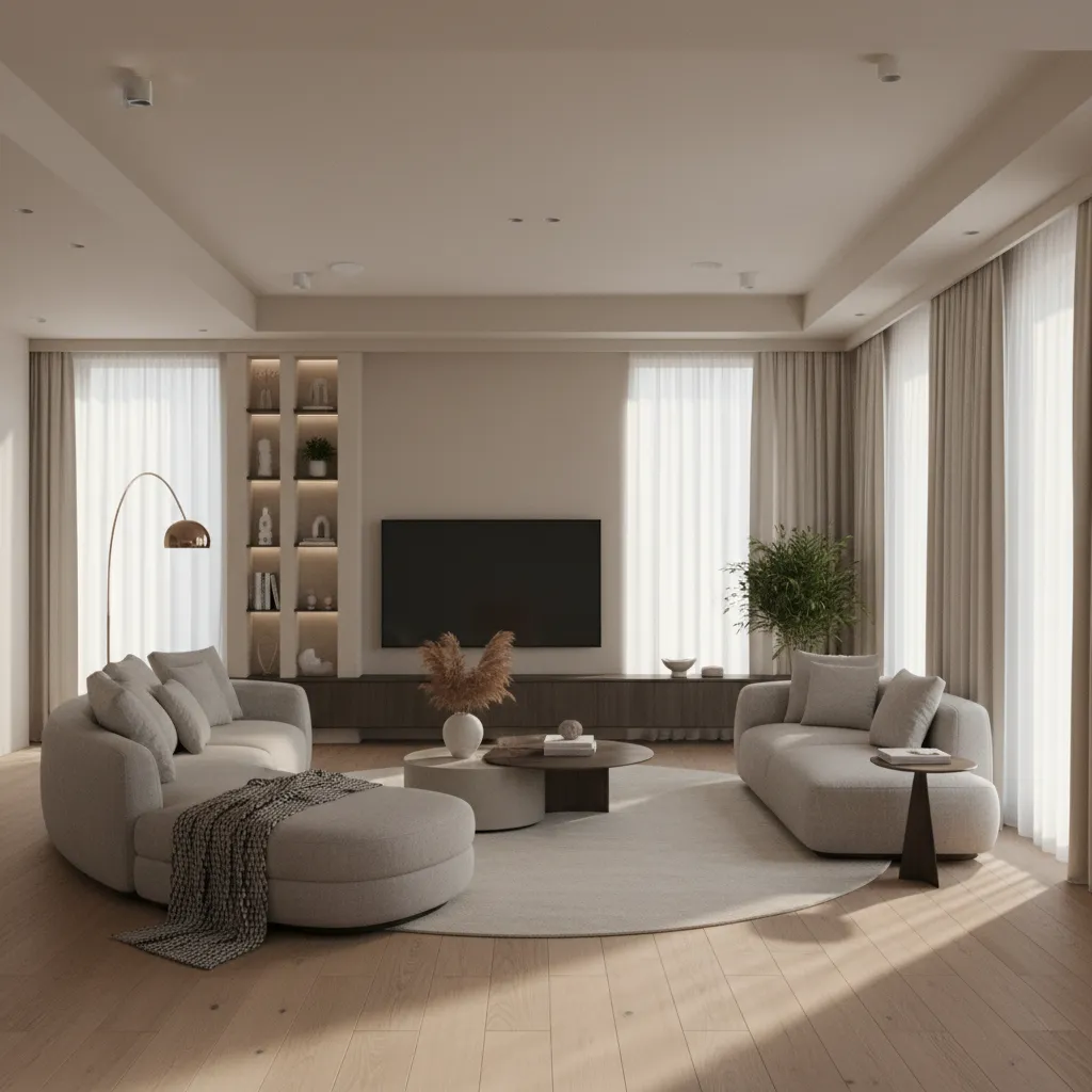 Render 3D realista de un salón moderno