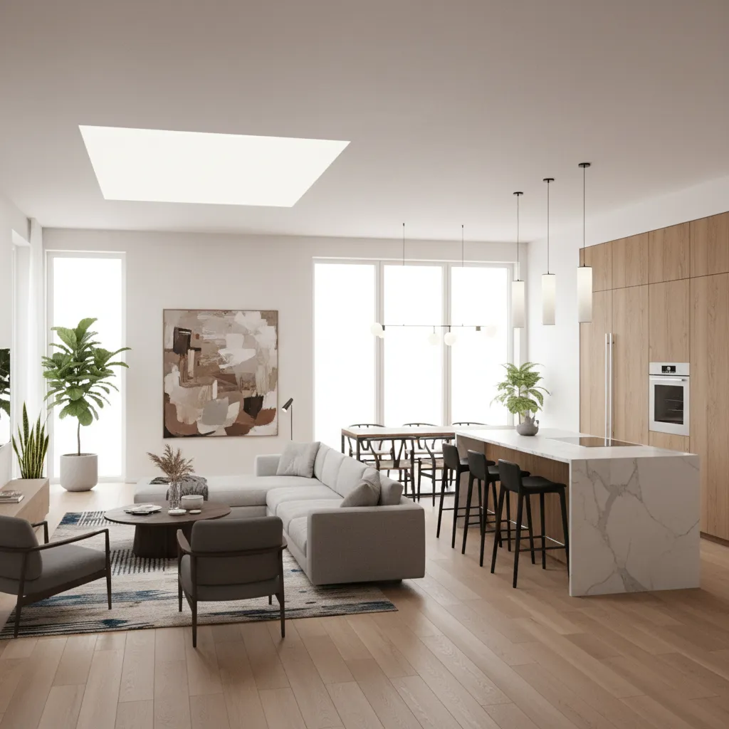 Render 3D realista de un apartamento moderno diseñado digitalmente