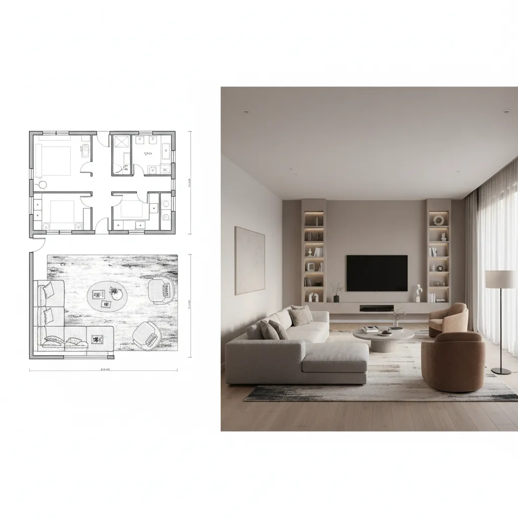 Comparación entre plano de interiorismo y render 3D de un salón