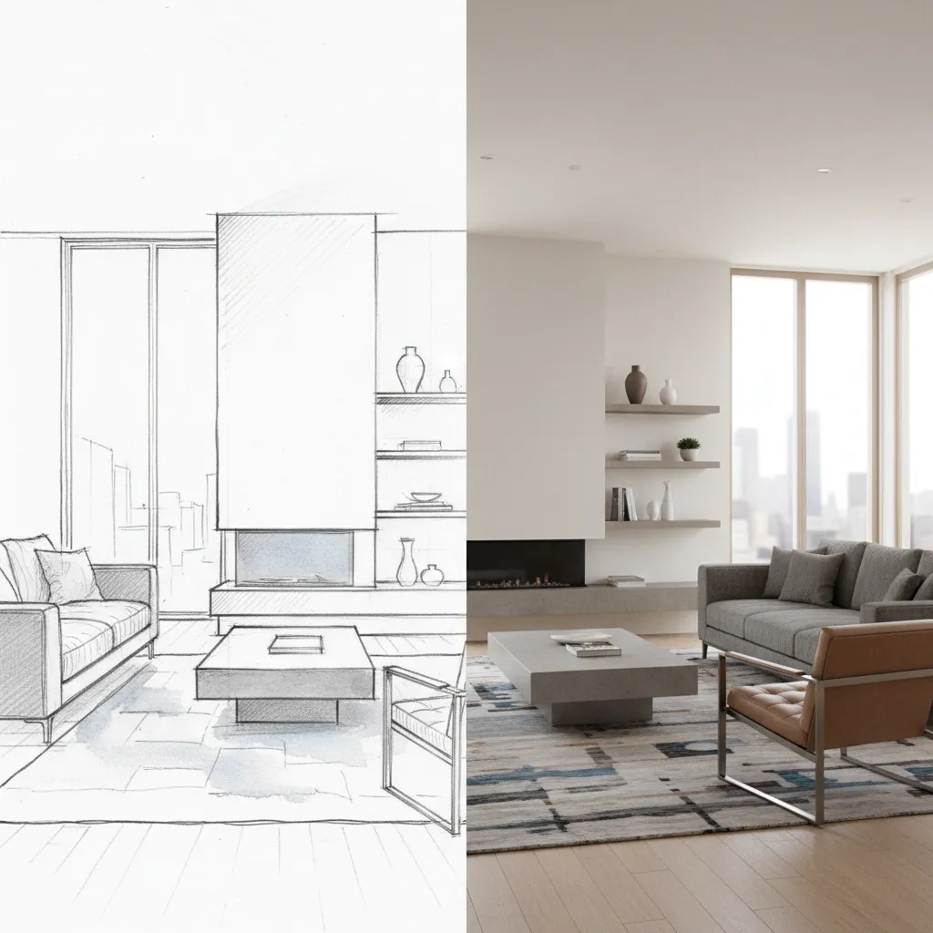 Side by side comparison of a living room pencil sketch and a finished interior design