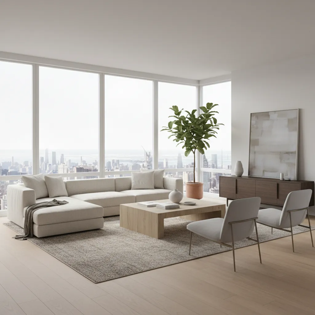 photorealistic 3D rendered modern living room interior