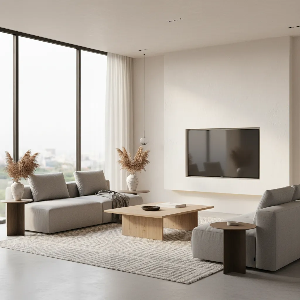 Minimalist living room with grey sofa plus wooden coffee table wall TV rug and windows