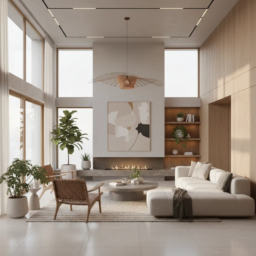 Modern living room with white sofa wooden wall panel fireplace and large windows with plants