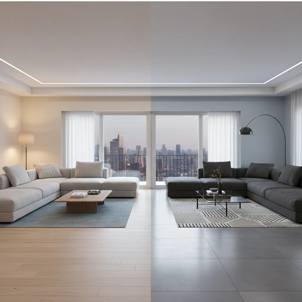 3D interior render comparing different materials and color palettes