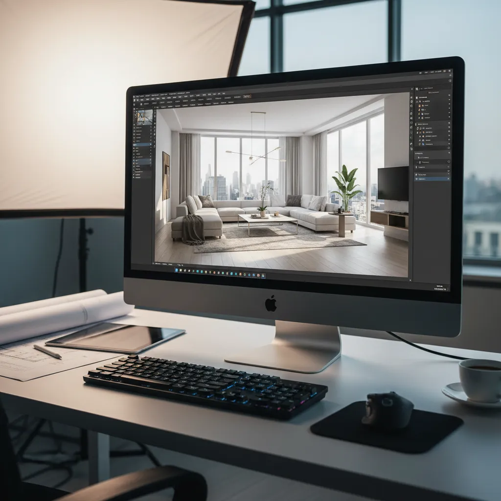Desktop computer monitor showing modern living room design with floor plans on white work desk