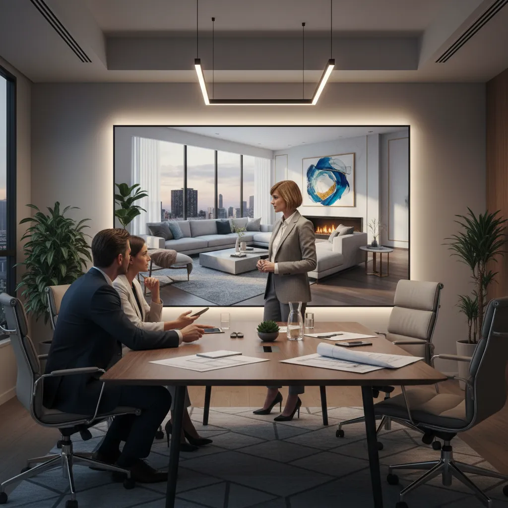 Presentación de diseño interior con render 3D en pantalla